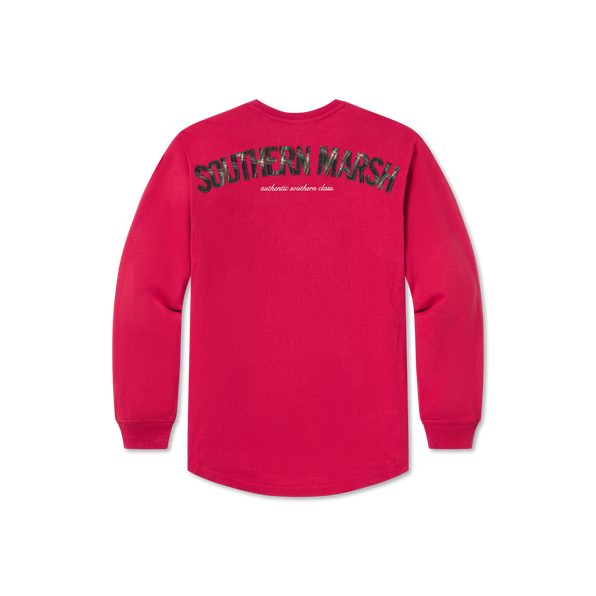 Vintage Red with Tartan | Rebecca Tartan Jersey | Womens Fit Long Sleeve T-shirt | Back