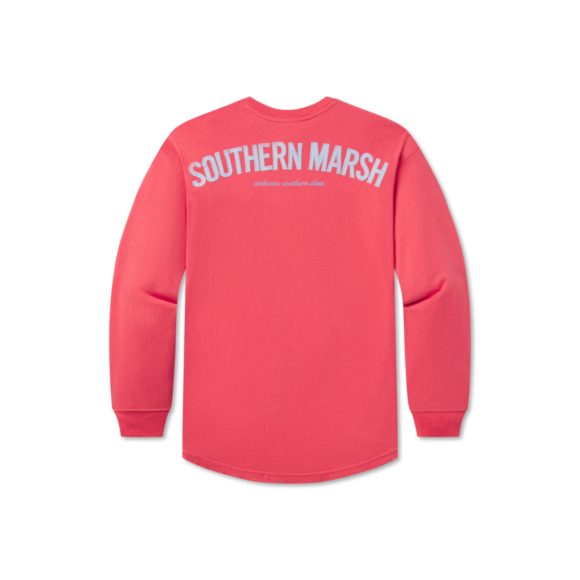 Neon Coral with Blue Seersucker | Original Rebecca Jersey | Womens Fit Long Sleeve T-Shirt | Back