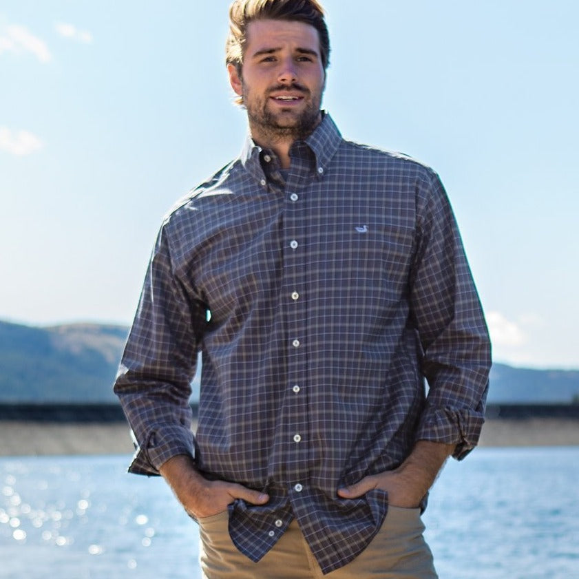 Navy and Light Blue | Bastrop Performance Check | Long Sleeve Performance Dress Shirt