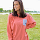 Neon Coral with Blue Seersucker | Original Rebecca Jersey | Womens Fit Long Sleeve T-Shirt | Lifestyle