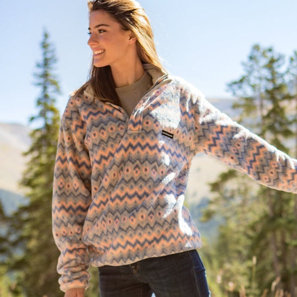 Gray and Peach | Tangier Ikat Fleece Pullover | Front